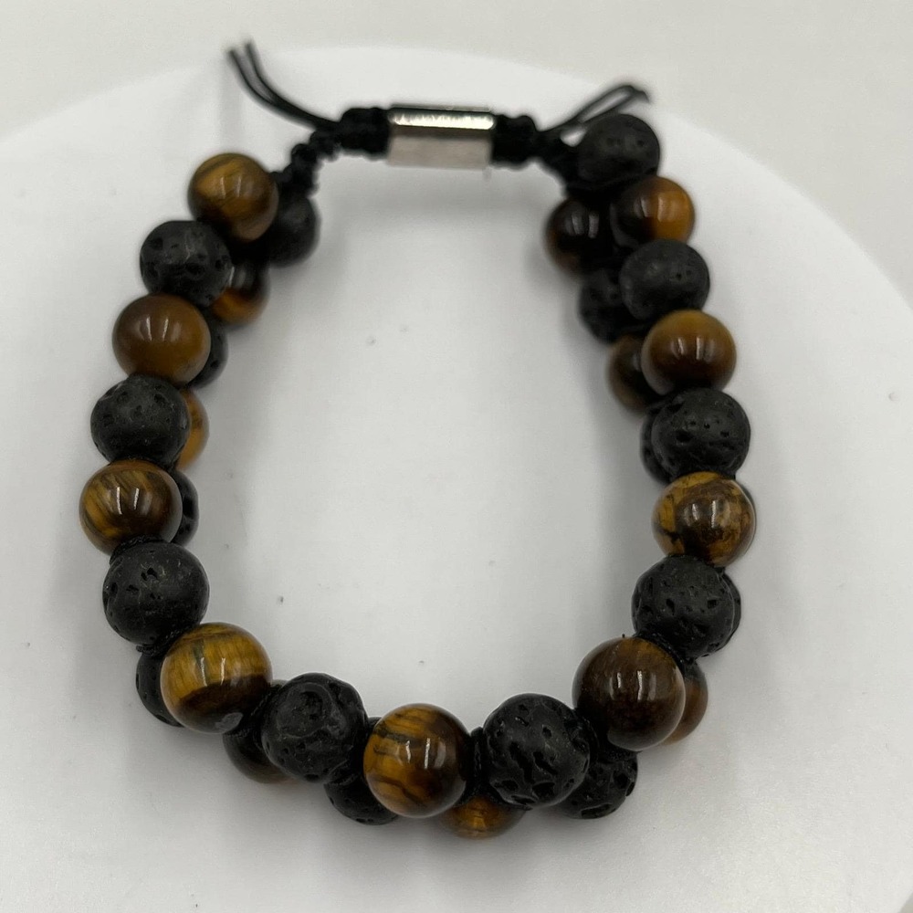 Vintage Natural Tiger's Eye & Lava Rock Bracelet Double Strand Cord Stone Boho - Picture 3 of 9